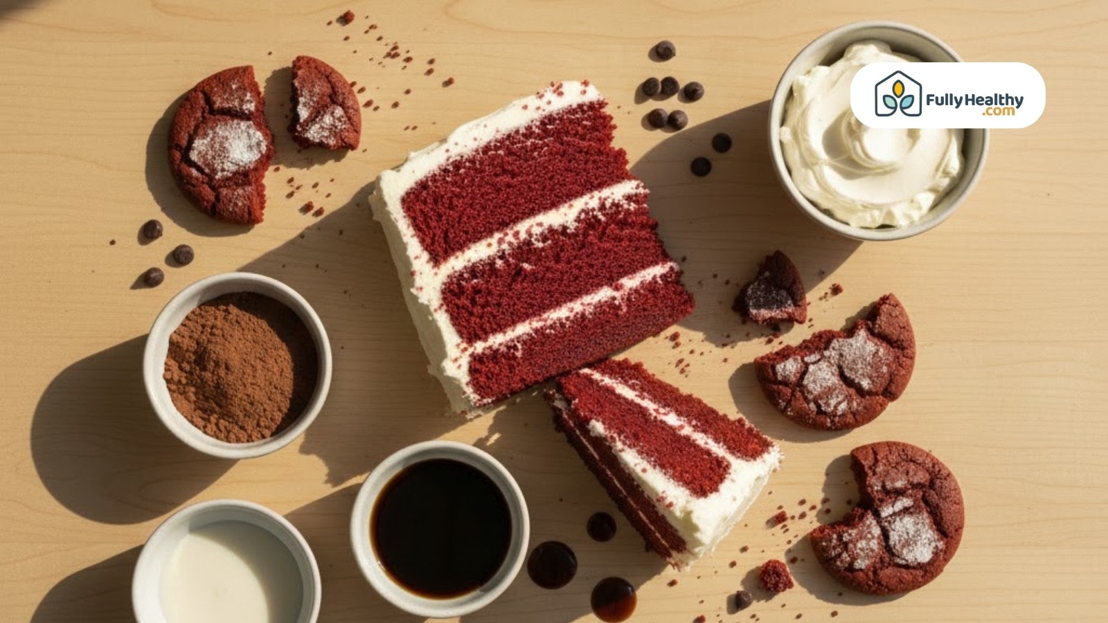 Flat lay of red velvet cake cookies frosting cocoa and ingredients on wooden surface