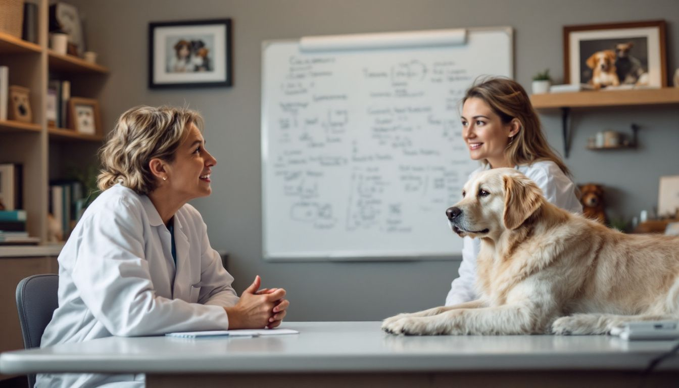 A veterinarian discussing treatment options for Cushing's disease in dogs with a dog owner.