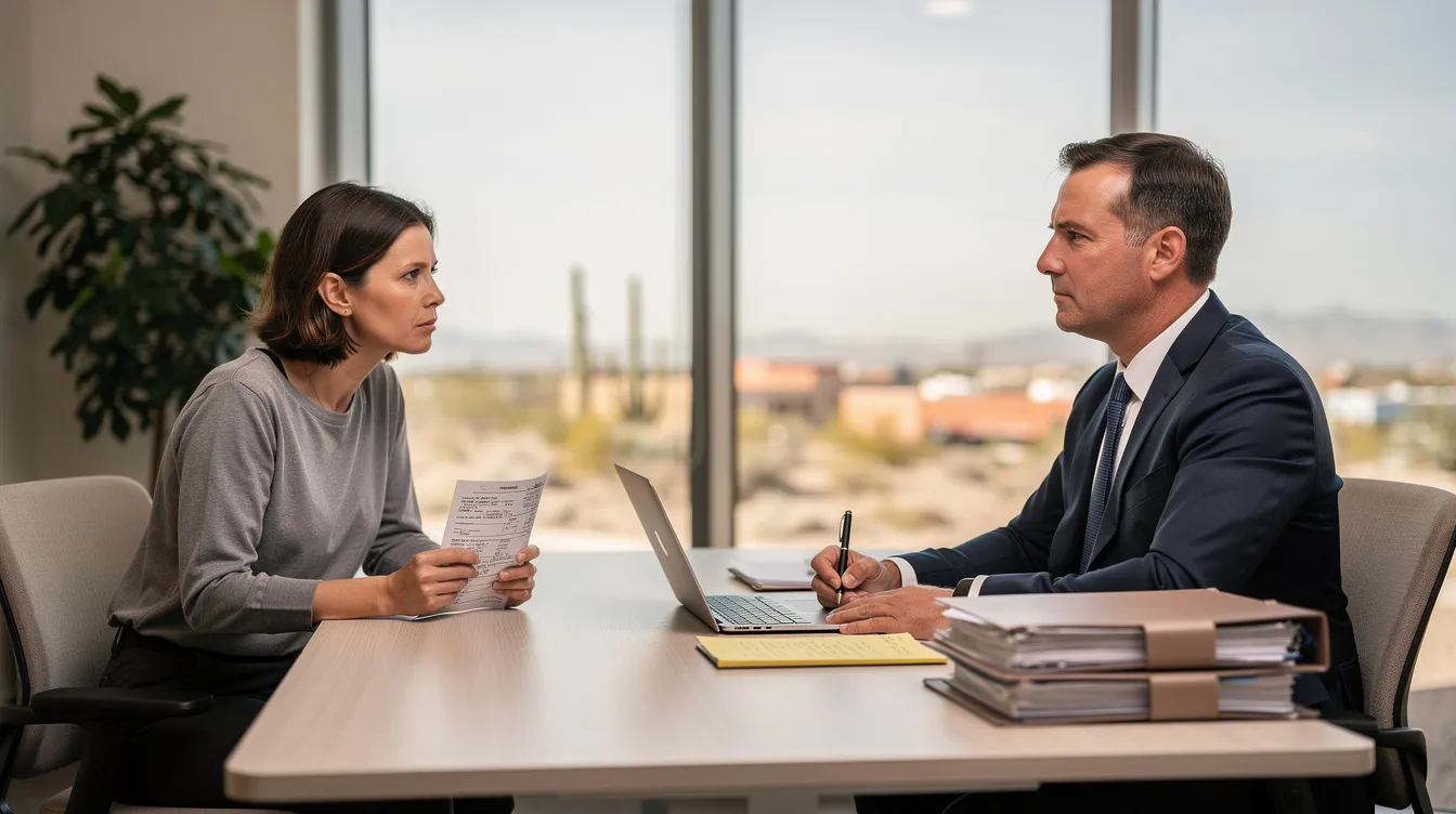 In a modern law office in Phoenix, Arizona, a confident attorney in a dark suit consults with a car accident victim at a clean wooden desk, reviewing medical records and accident details. The client, appearing attentive yet concerned, is engaged in the legal process, seeking guidance on their personal injury claim and the potential for fair compensation.