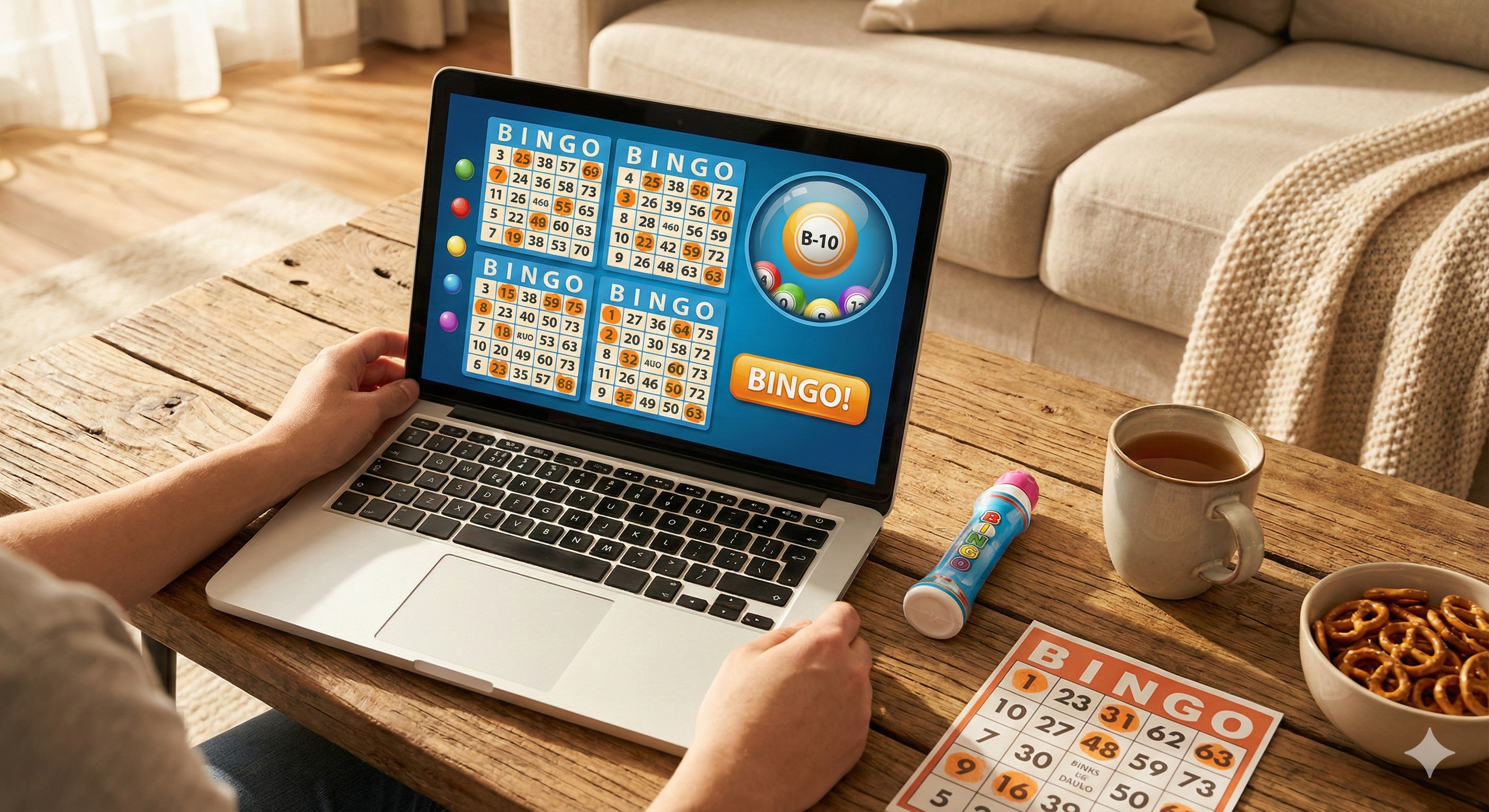 Online bingo spelen op laptop, bingo kaarten en bingobal zichtbaar op het scherm, speler thuis aan tafel met koffie en bingokaart.