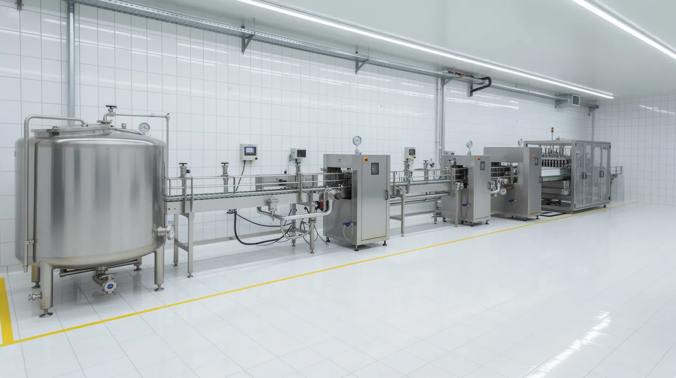 ea184e6a f4f1 4545 8cee 593bf87855b7 The image depicts the interior of a clean, white-tiled dairy processing hall featuring advanced stainless steel equipment arranged in a linear flow, essential for the cheese manufacturing process. This setup is designed for efficient cheese production, including the processing of various types of cheese and dairy products.