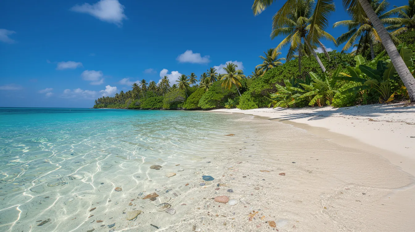 A imagem retrata uma bela praia caribenha com águas cristalinas em tons de azul turquesa, cercada por vegetação tropical exuberante ao fundo. Este cenário paradisíaco é ideal para férias, oferecendo um destino perfeito para relaxar e aproveitar a vida marinha.