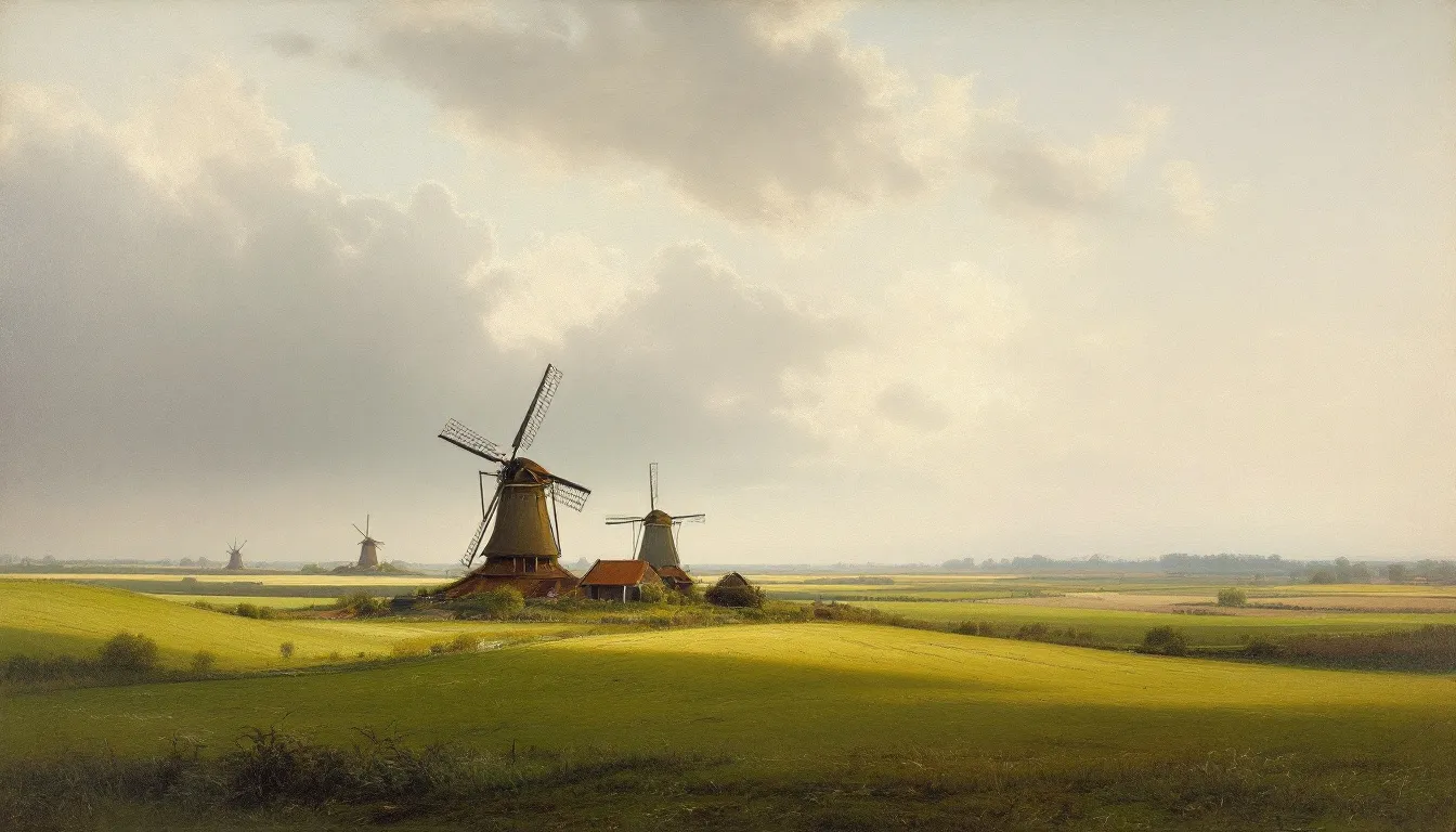 A scenic view of the Netherlands showcasing its flat landscape under a cloudy sky.