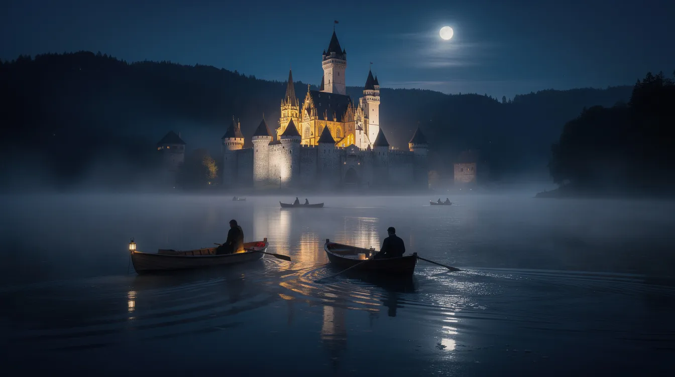 Kleine Ruderboote gleiten lautlos über einen stillen, dunklen See, während sie sich einer imposanten, beleuchteten Burg mit vielen Türmen nähern. Ein dichter Nebel schwebt über dem Wasser und verleiht der Szene eine geheimnisvolle Atmosphäre, die an die Abenteuer aus der Harry Potter Reihe erinnert.