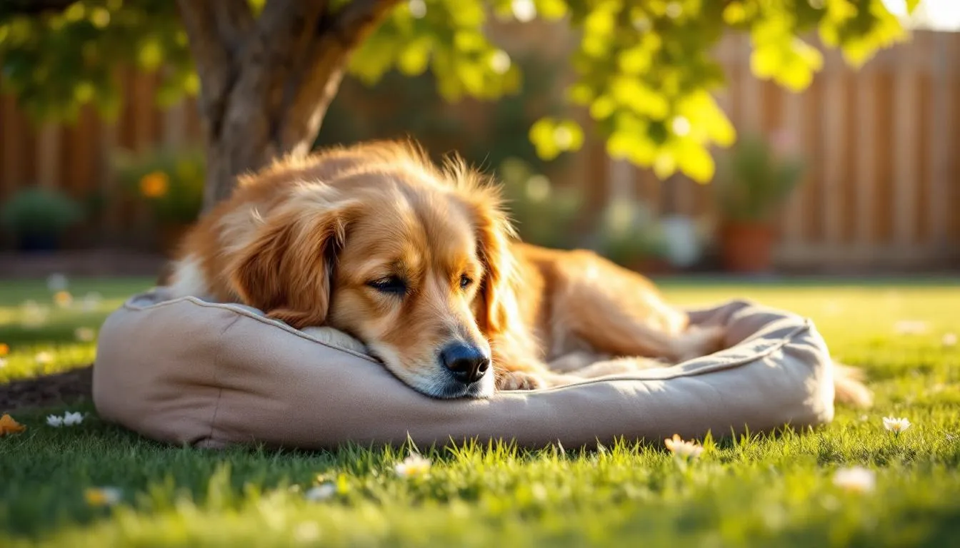 A senior golden retriever relaxes in a sunny yard, with a shaded area available for comfort. This scene highlights the joy of older dogs enjoying their time outdoors, reminding pet parents of the importance of regular veterinary checkups for early detection of potential health issues, including canine cancers.