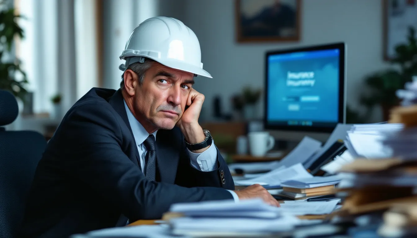 An injured worker wearing a hard hat and a cast appears overwhelmed by a large stack of paperwork related to their workers compensation claim, which includes dealing with insurance companies for their workplace injury. The scene highlights the challenges faced by those navigating the workers compensation system while seeking fair compensation and medical benefits.