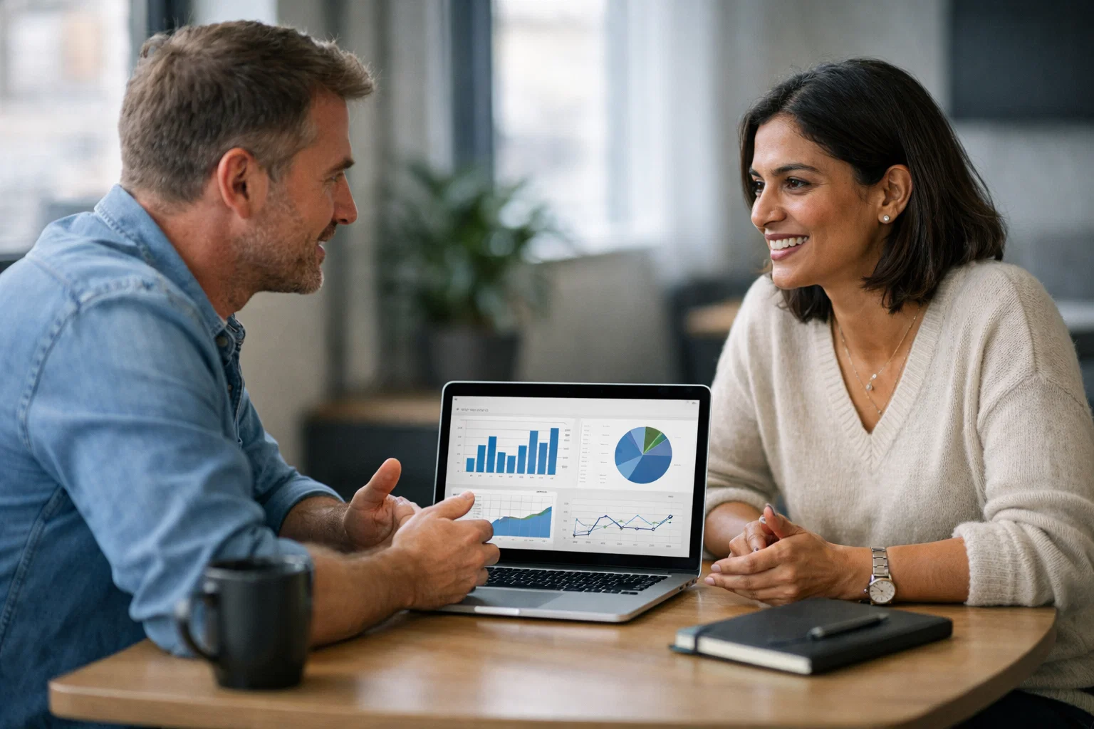 Charity representative meeting with digital marketing specialist to discuss PPC strategy and campaign performance.