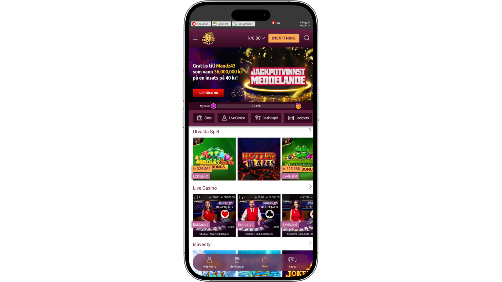 Simba Games Casino mobilversion med slots och live casino