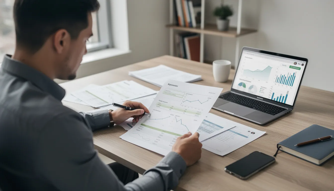 A business owner is seated at a desk, intently reviewing financial documents that include market analysis and investment management strategies, highlighting their focus on achieving investment goals for their company. This scene reflects the diligence required in the financial services industry to manage assets and serve clients effectively.
