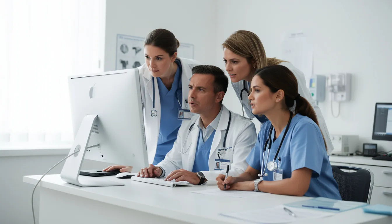 Un equipo de profesionales médicos colabora en torno a una pantalla de ordenador en una clínica, revisando información y datos de pacientes para gestionar fichas y expedientes médicos. La escena refleja el uso de software para la digitalización y firma electrónica de documentos en el centro de salud.