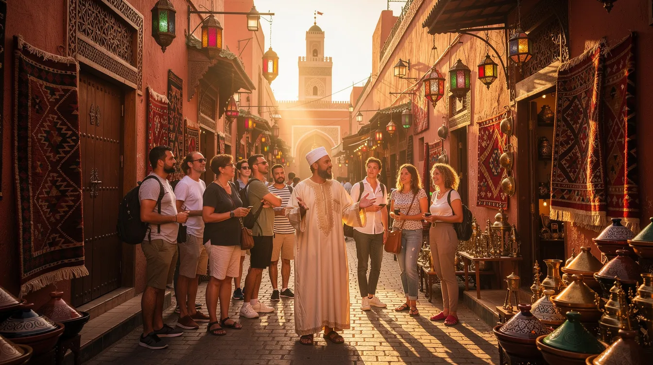Imagem de um passeio guiado em Marrakech, onde um grupo de turistas explora as ruas vibrantes da cidade, cercados por arquitetura marroquina típica e mercados locais. O guia, que lidera o grupo, compartilha informações sobre a cultura e os destinos turísticos da região.