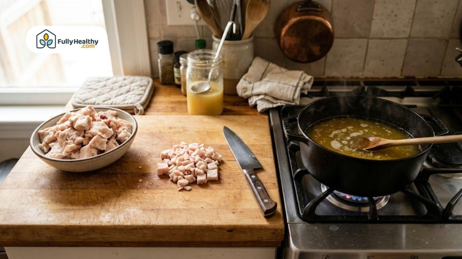 Rendering beef fat into tallow in pot on stove with raw fat on cutting board.
