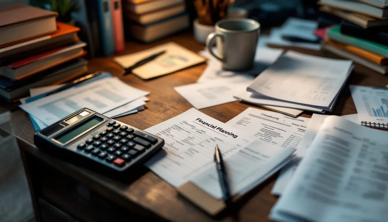 The image shows a desk cluttered with various financial planning documents, including a calculator, which are essential for managing retirement income and evaluating life insurance retirement plans. These tools help individuals assess their financial strategies, including cash value options and policy benefits for a secure retirement.