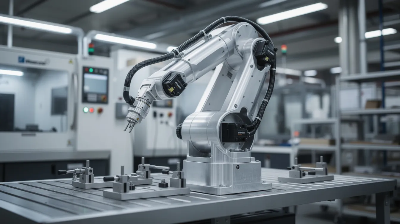 The image features a robotic arm equipped with precision CNC machined aluminum components and sensor mounts, set against an industrial backdrop. This setup highlights advanced CNC machining techniques, showcasing the capabilities of custom CNC machining services in a manufacturing environment.