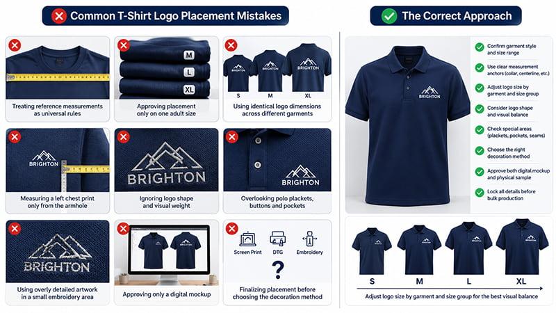 Common T-shirt logo placement mistakes with correct sizing and approval guidance
