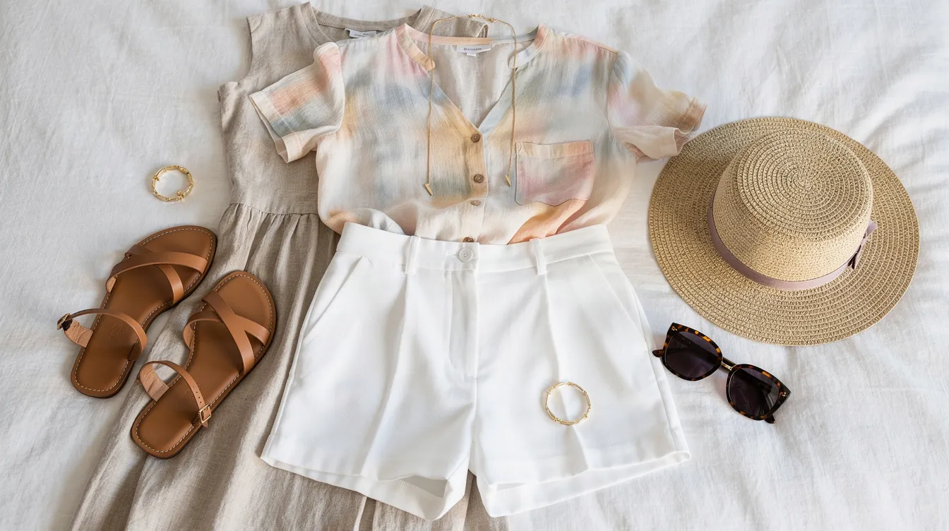 A flat lay of vibrant resort wear pieces, including a bathing suit, tank tops, and cover-ups, is neatly arranged on a white linen bedspread alongside stylish sandals, sunglasses, and a straw hat, creating a perfect beach vacation packing list for a fun beach trip. This setup highlights essential beach items like a beach tote and sun protection essentials, ideal for staying stylish and protected under the sun.