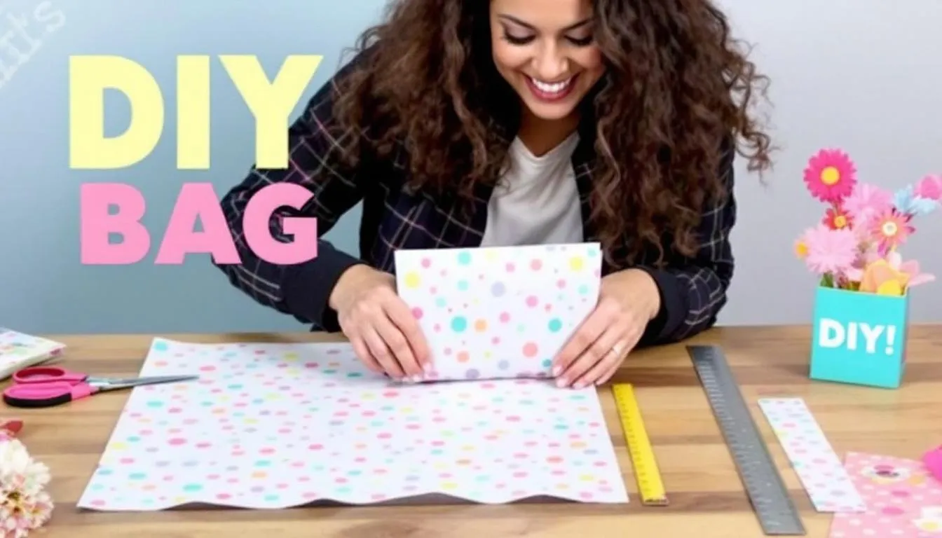 Measuring and cutting wrapping paper for a DIY gift bag.