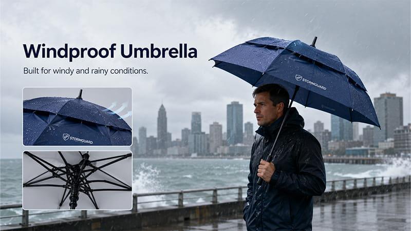 Windproof umbrella with reinforced frame for rainy and windy outdoor conditions