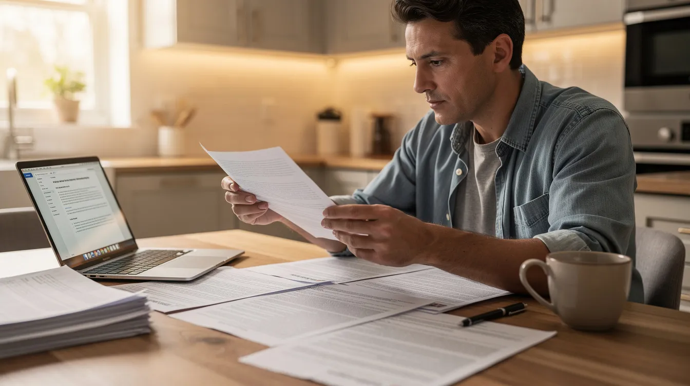 A person is seated at a kitchen table, examining insurance documents while a laptop is open nearby, likely reviewing the details necessary to file an insurance claim related to an auto accident. The scene suggests a focus on understanding the claims process and the associated expenses for vehicle damage and repair costs.
