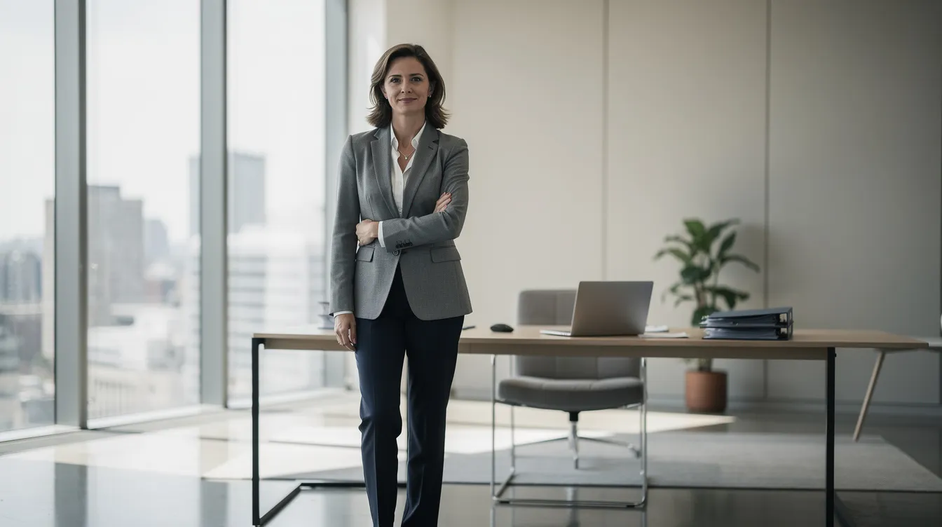 A business owner stands in a quiet office, illuminated by natural light streaming through large windows, reflecting a proactive approach to financial planning. The serene environment suggests a focus on strategic decisions regarding taxes, income, and financial goals.