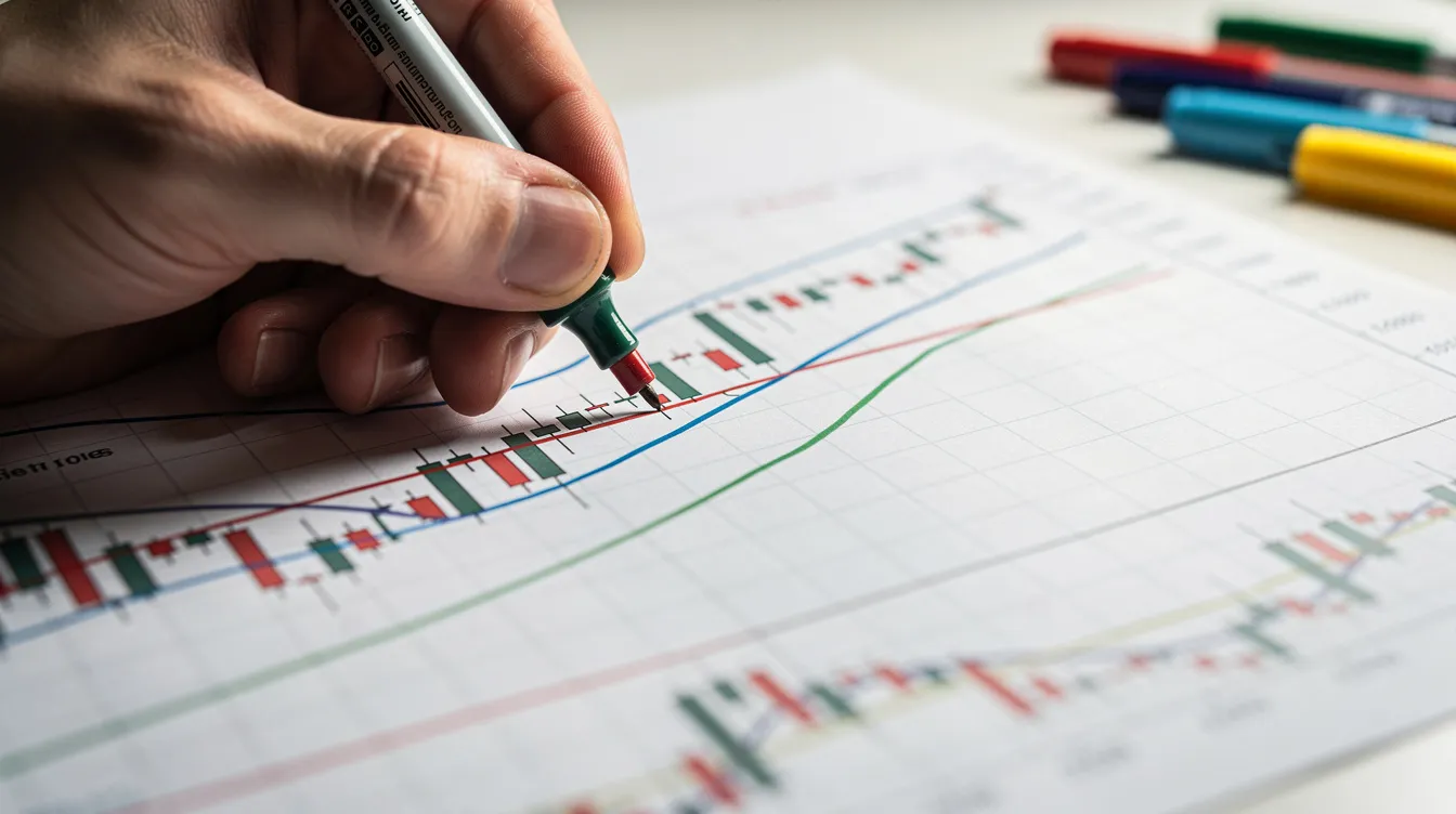 A close-up image shows a hand using colored markers to draw support and resistance lines on a paper chart, illustrating a trading strategy that day traders often use for technical analysis. This visual representation helps beginner traders identify entry and exit points while navigating the complexities of the financial markets.