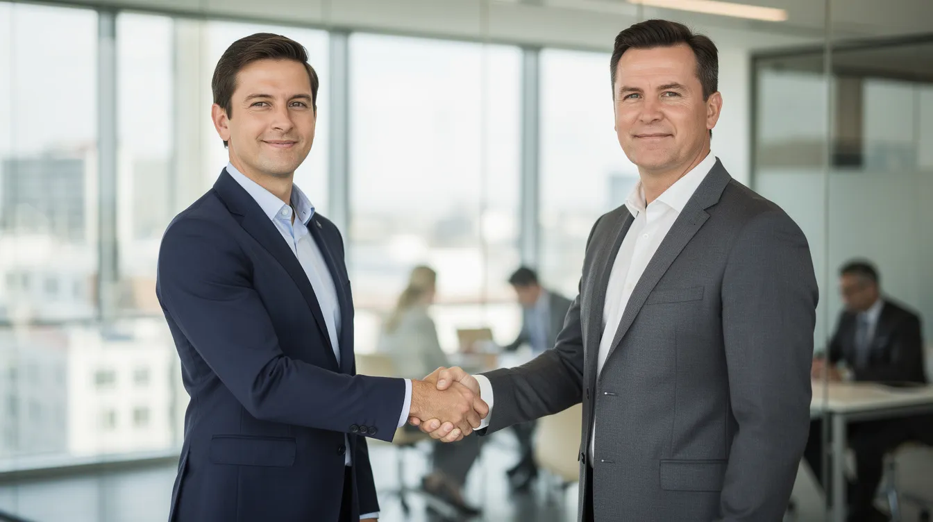 In a professional business setting, two individuals are shaking hands, symbolizing a successful partnership or agreement. This image reflects the importance of collaboration in developing a retirement plan, especially for small business owners looking to secure their financial future and retirement savings.