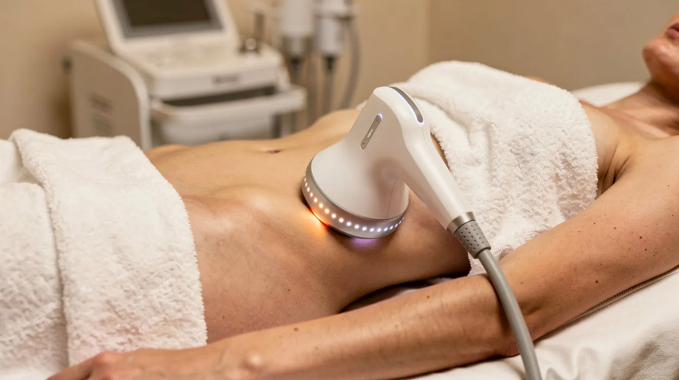 A close-up image shows a person lying comfortably on a treatment bed, with a sleek body contouring device applicator gently placed on their midsection, aimed at non-invasive fat reduction. This procedure targets unwanted fat cells, helping to destroy them while promoting skin tightening and collagen production.