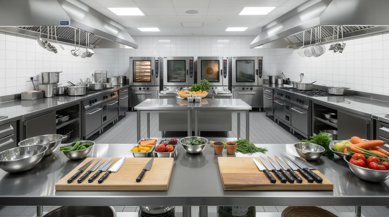 The image depicts a professional commercial kitchen featuring stainless steel counters, industrial ovens, and well-organized prep stations, showcasing essential hotel kitchen equipment designed to enhance food service efficiency and guest satisfaction. The space is equipped with quality materials and utensils, ensuring a high standard of operations in the hotel industry.