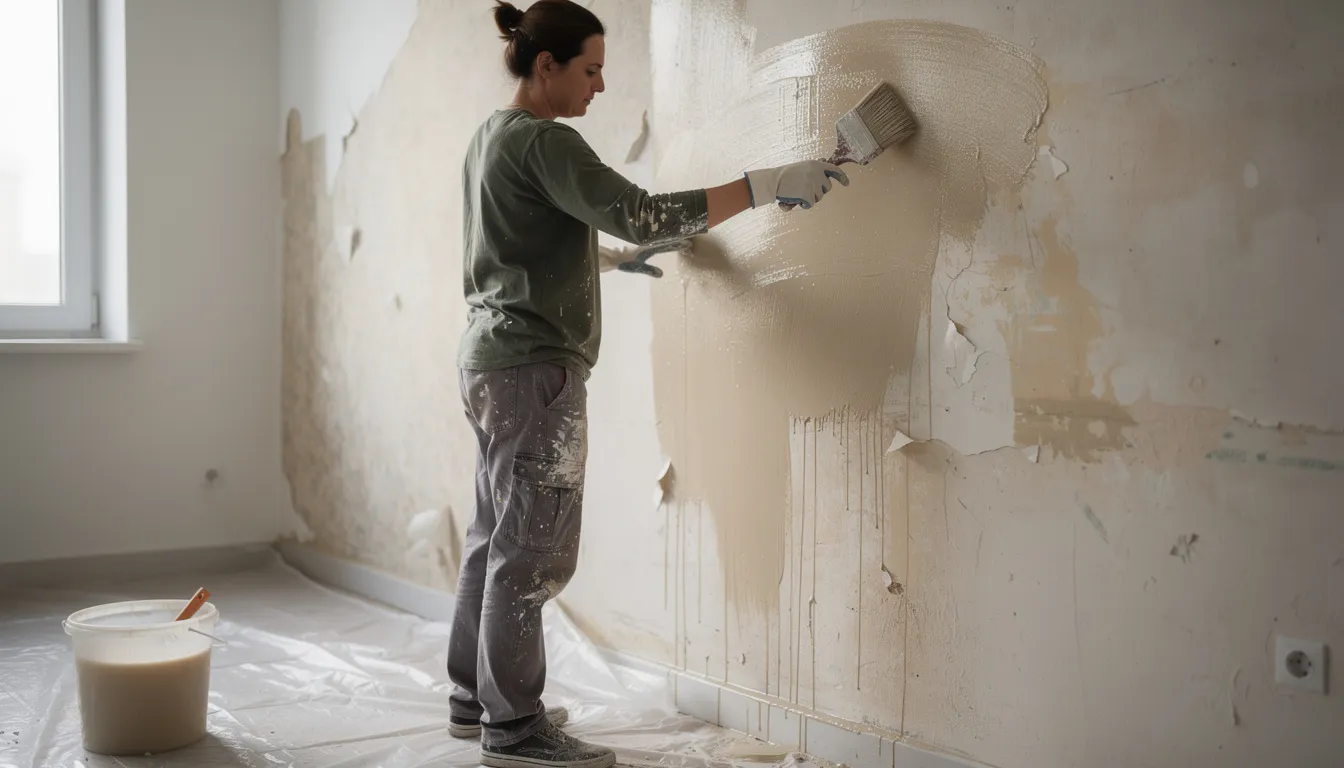 En person påfører tapetopløser på en væg med en stor pensel for at fjerne gammelt tapet. Arbejdet udføres omhyggeligt for at sikre, at tapetet slipper helt fra overfladen, før den næste fase af malerarbejdet påbegyndes.