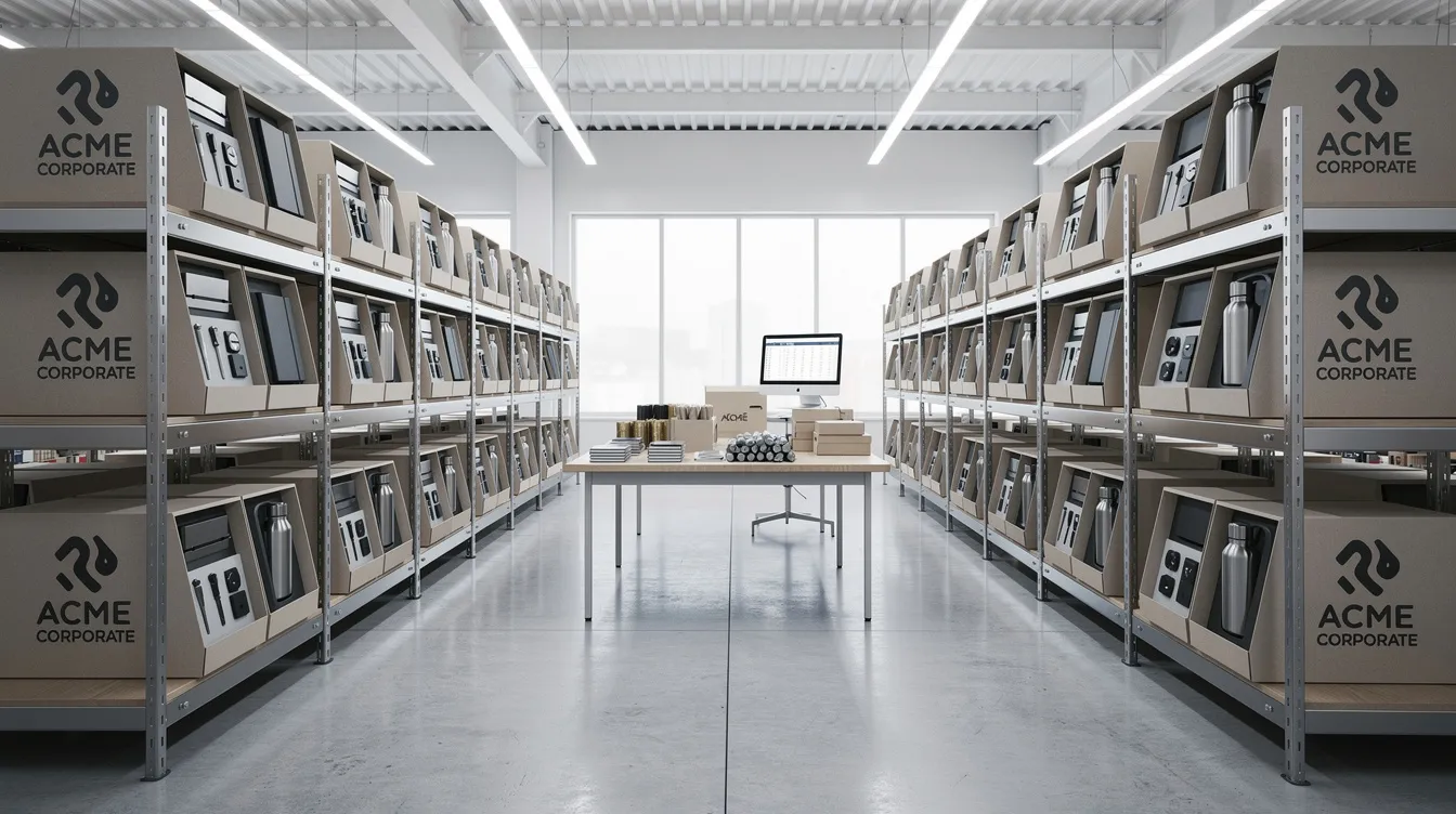 Na zdjęciu widoczny jest nowoczesny magazyn, w którym zorganizowane są korporacyjne paczki prezentowe z logo firmy. Wśród wysokiej jakości produktów znajdują się różnorodne upominki, takie jak karty podarunkowe, odzież i gadżety, które służą do budowania trwałych relacji z partnerami biznesowymi.