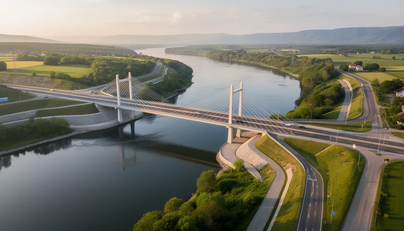 The image depicts a completed bridge spanning a river valley, showcasing the impressive result of a construction project. This infrastructure highlights the skills and dedication of construction professionals and project managers in the construction industry.
