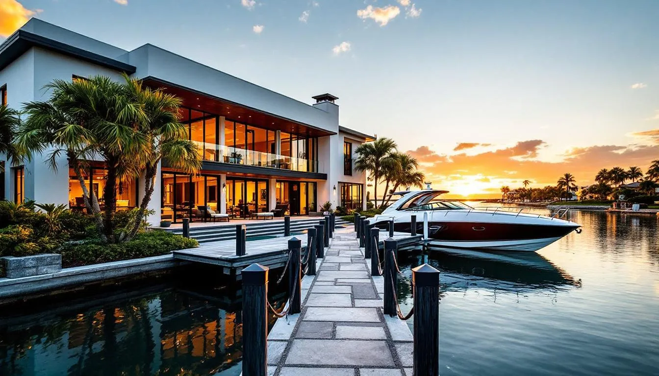 This image showcases a luxurious waterfront home located in the Sanibel Estates community, featuring a private dock on a serene canal, perfect for boating and fishing enthusiasts. The elegant architecture and beautiful surroundings highlight the desirable lifestyle of Sanibel Island living.