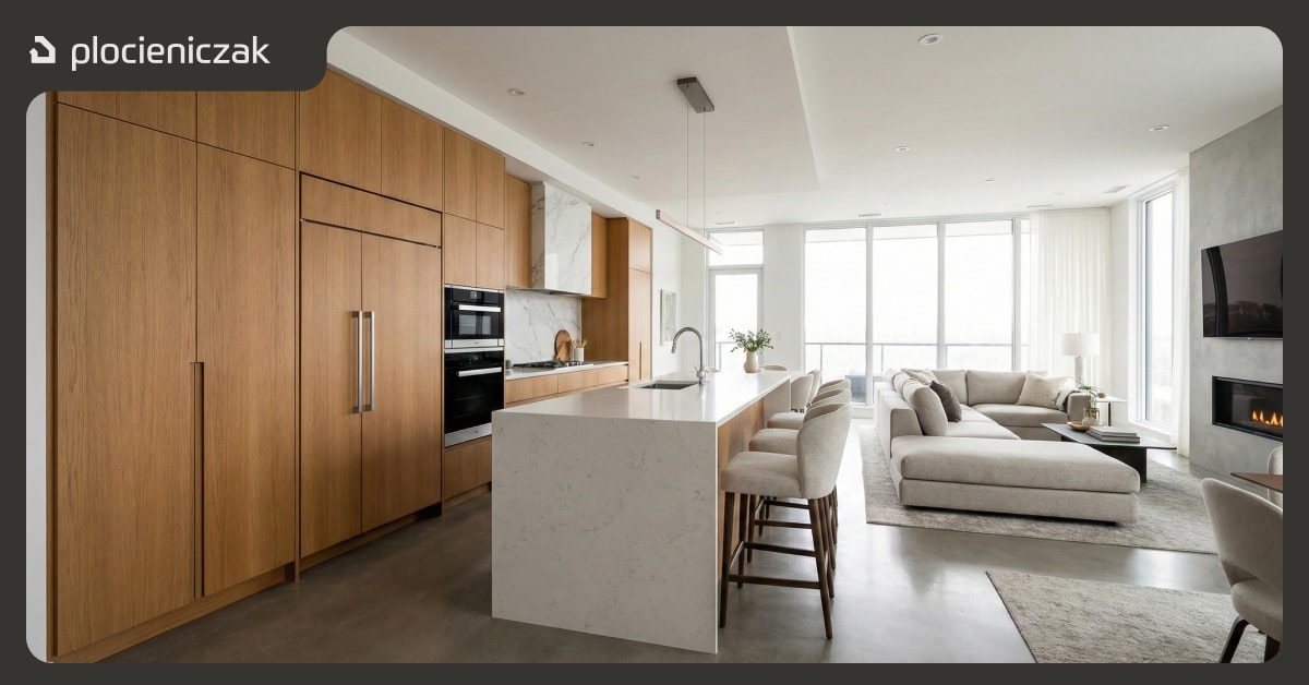 Luksusowa kuchnia otwarta na salon z zabudową wysoką – lodówka i piekarnik ukryte za jednolitymi frontami meblowymi