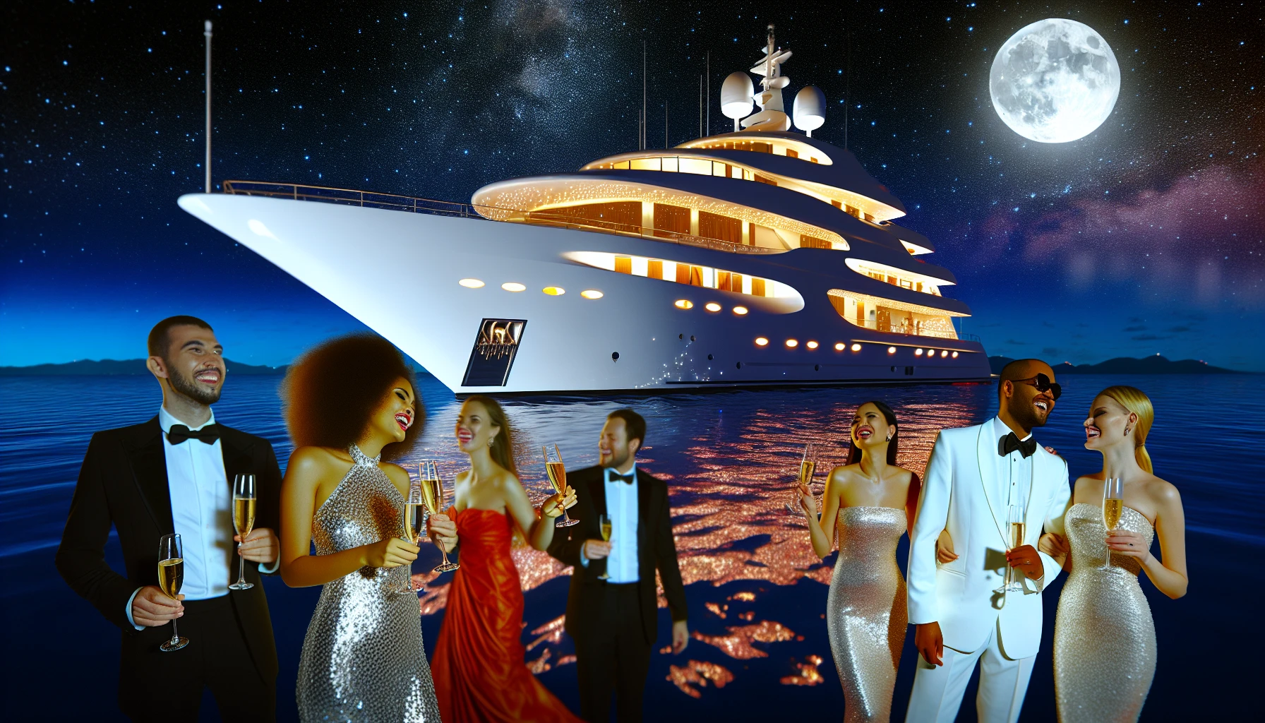 Luxurious yacht with people enjoying a glamorous party on the ocean