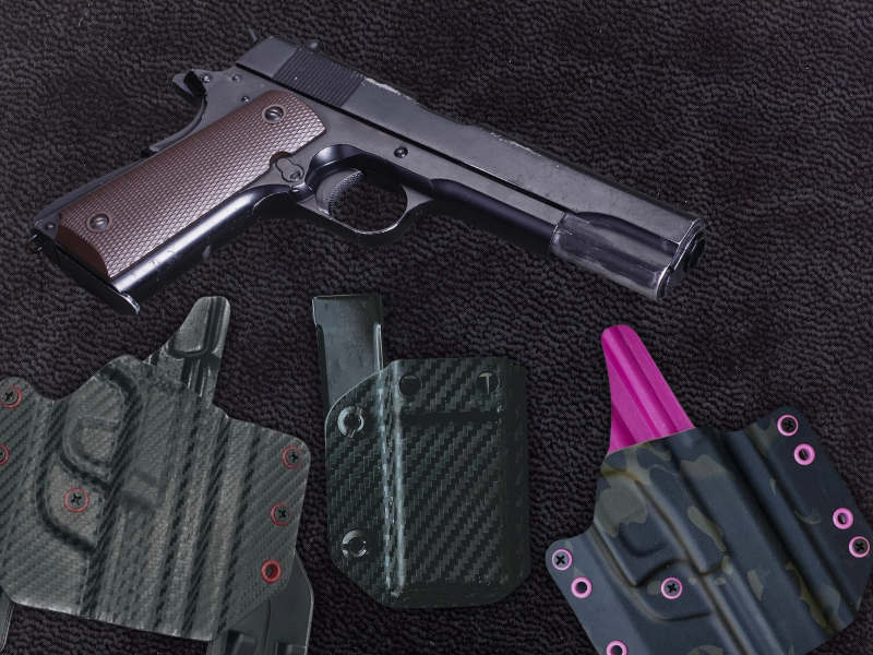 An image showing various holsters designed for the 1911 pistol.