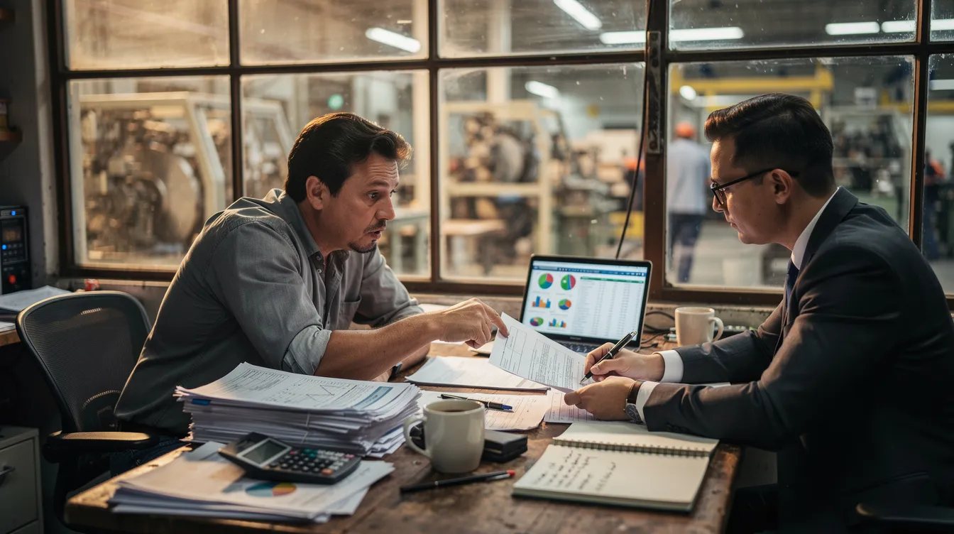 A business owner in a small factory is seated at a table, reviewing financial documents with a financial advisor. They are discussing the SME IPO process and the necessary regulatory approvals to raise funds for the company's growth and expansion plans.