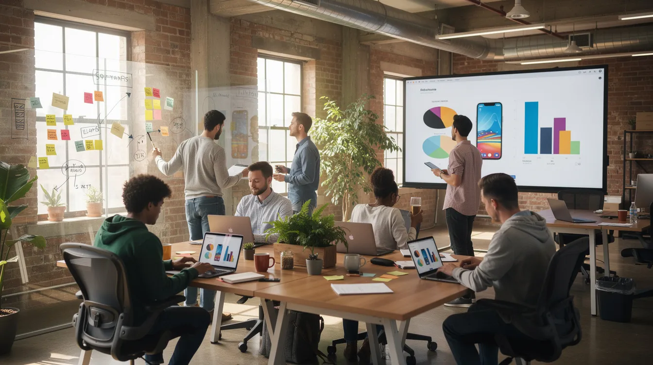 The image depicts a vibrant start-up company environment, featuring a diverse group of young professionals collaborating at a modern workspace. They are engaged in discussions about tax planning strategies and financial plans, highlighting the importance of tax efficiency and potential tax savings for their business.
