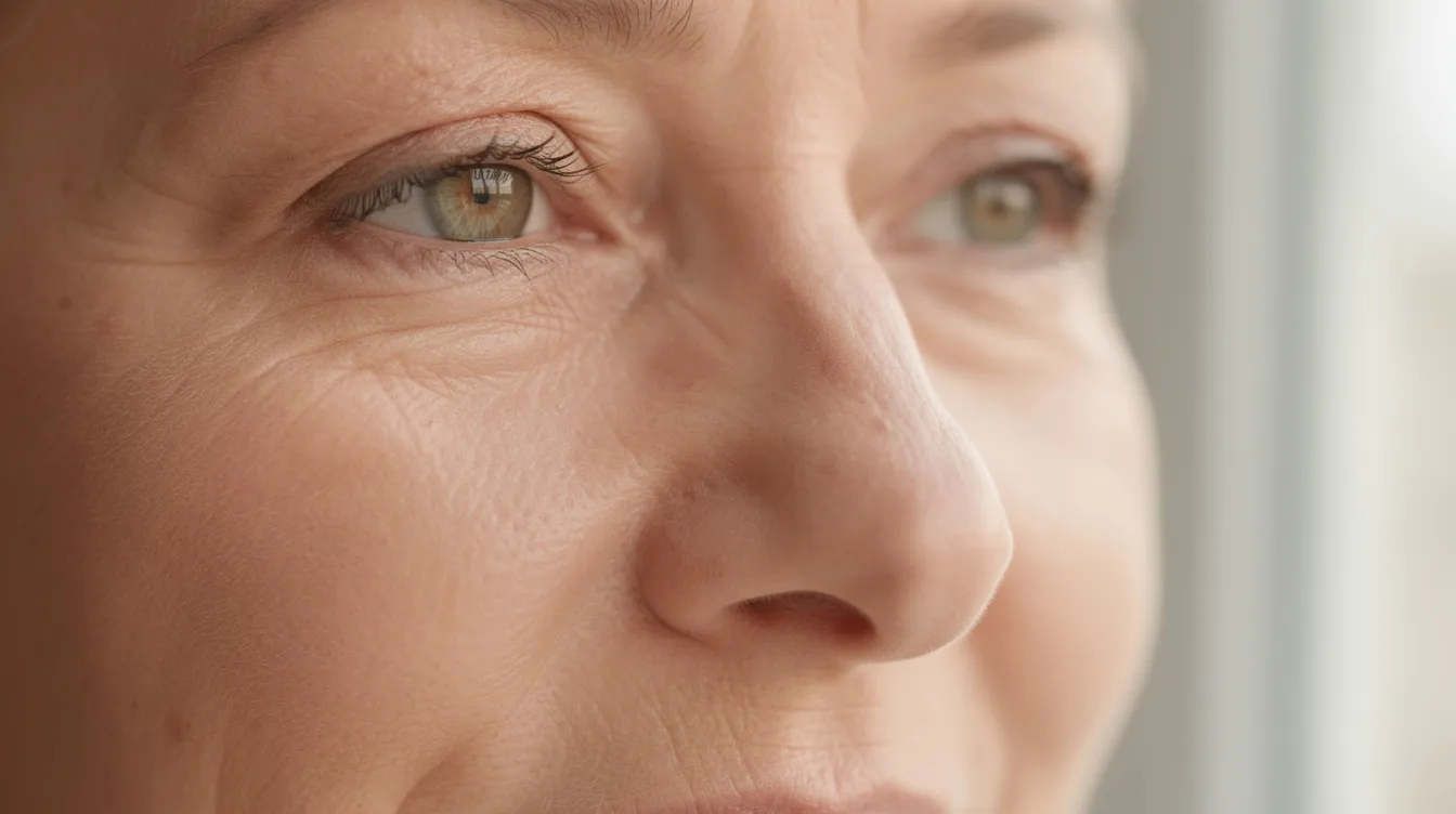 Primer plano del rostro de una persona madura que muestra la zona periocular con una luz natural suave, destacando la piel alrededor de los ojos y las bolsas debajo de los párpados. La imagen resalta la apariencia de la hinchazón y el contorno facial, lo que puede ser relevante para quienes consideran una blefaroplastia.
