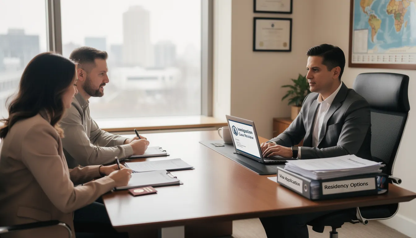 The image depicts a professional consultation meeting between an immigration advisor and clients, discussing various topics related to Canada's immigration system, including permanent residency, economic immigration, and the new rules for Canada immigration. The advisor appears to be answering questions and providing guidance on pathways such as the Express Entry system and the provincial nominee program.