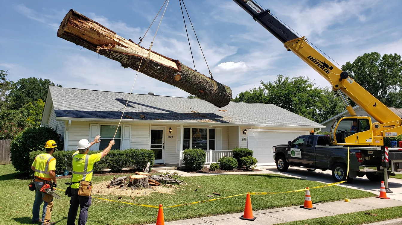 A tree removal crew is using a crane to carefully lower a large section of trunk over a residential rooftop, showcasing the professional tree removal process. The specialized equipment ensures safety and minimizes the risk of property damage during this intensive job.