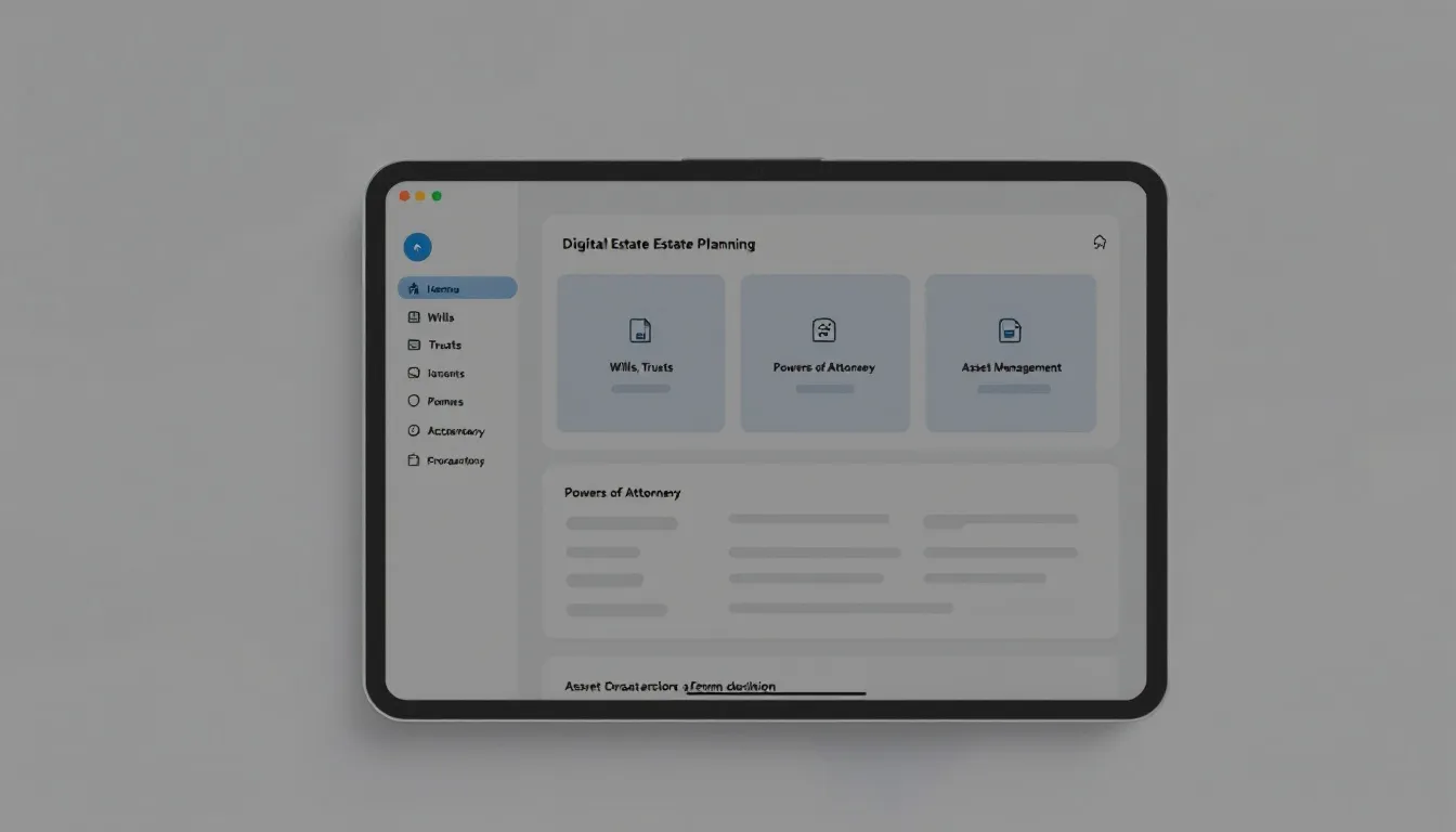 The image depicts a digital estate planning platform displayed on a tablet screen, showcasing various estate planning documents and tools designed to help users create a comprehensive estate plan. This platform emphasizes the importance of legal arrangements for managing assets and protecting beneficiaries, ensuring a smooth transition for family members and loved ones.
