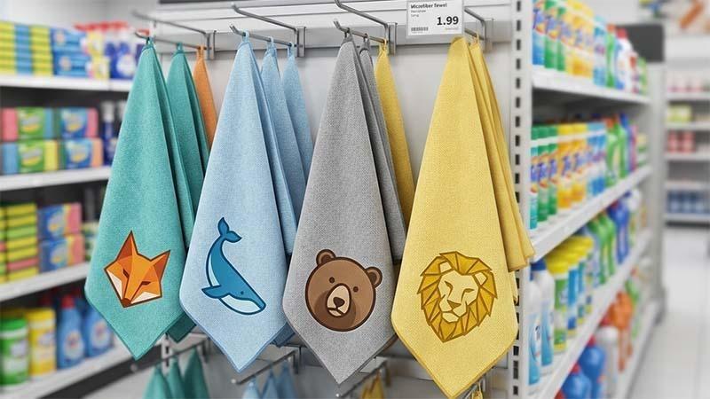 Green, Light Blue, Grey, and Yellow Microfiber Cleaning Cloths with Animal Logos