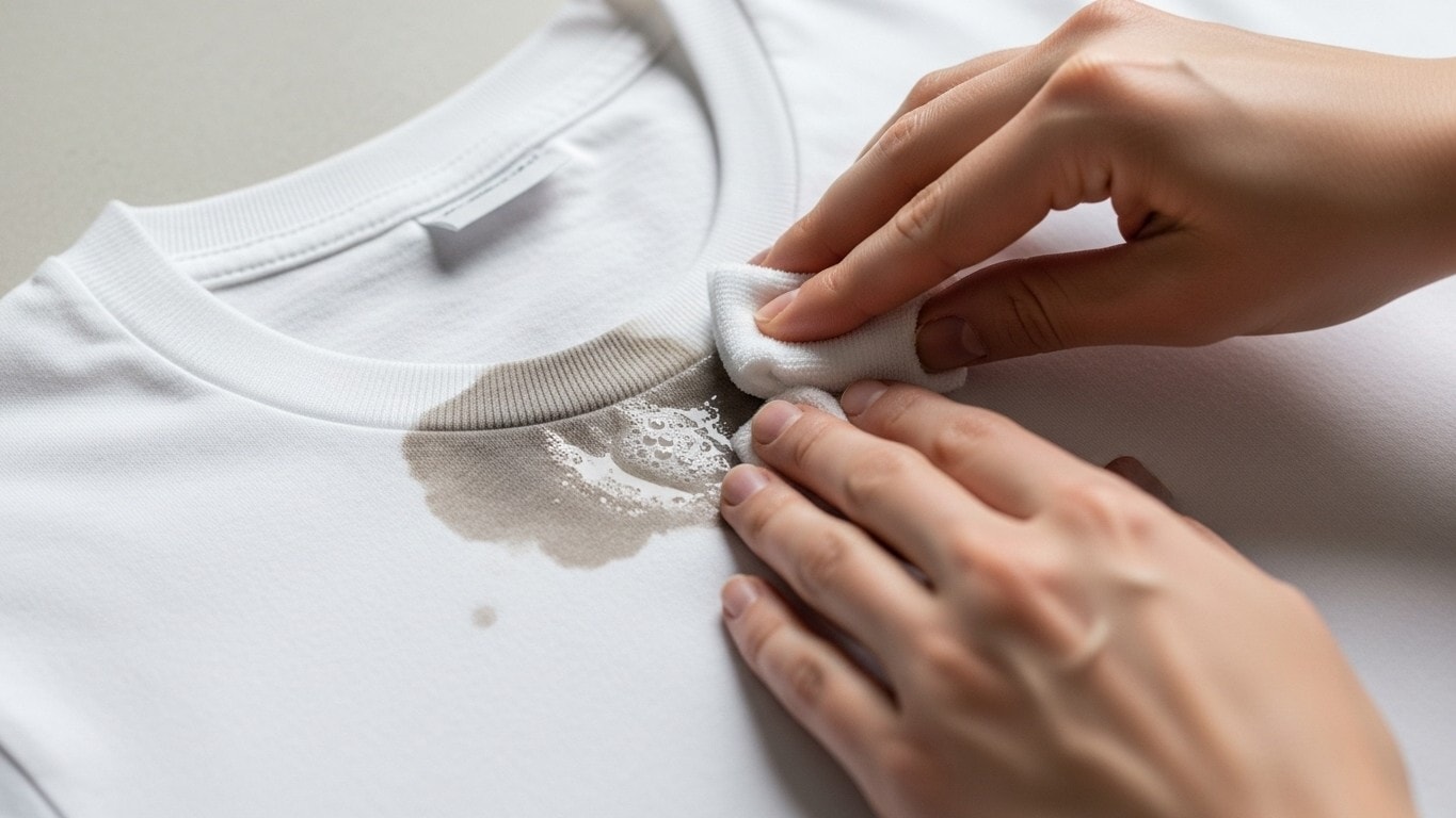 Kobieta usuwa plamę z białej koszulki.