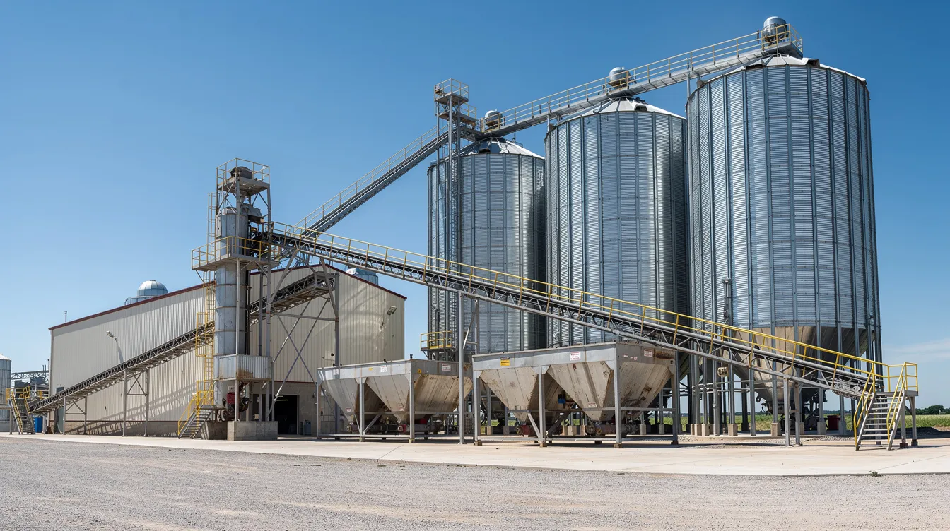 The image depicts an industrial soybean oil processing plant featuring tall silos, conveyor belts, and various storage structures, all set against a clear blue sky. This facility is integral to the soybean oil industry, showcasing the machinery and technology required for efficient soybean oil production and processing.