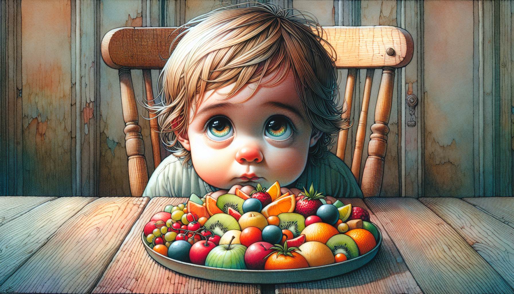 Illustration of a child with a thoughtful expression looking at a plate of food