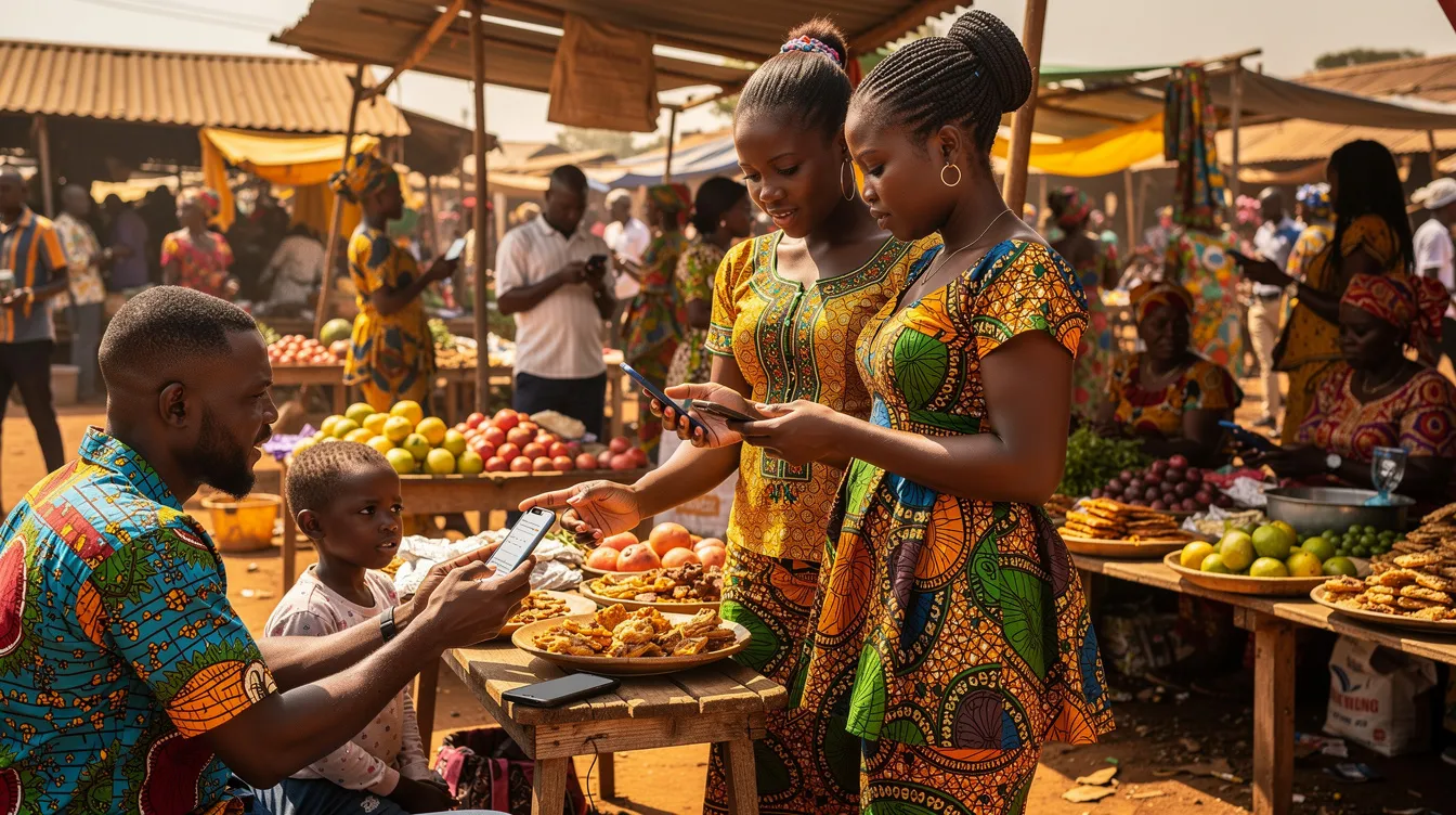 The image depicts a bustling African marketplace where numerous people are engaged in transactions using their mobile phones, showcasing the integration of technology in everyday banking. This scene reflects the evolving landscape of financial services in Zimbabwe, highlighting the convenience offered by banks like Stanbic Bank, a registered commercial bank known for customer satisfaction.