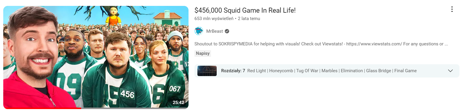 Miniatura z kanały MrBeast nawiązująca do serialu „Squid Game”