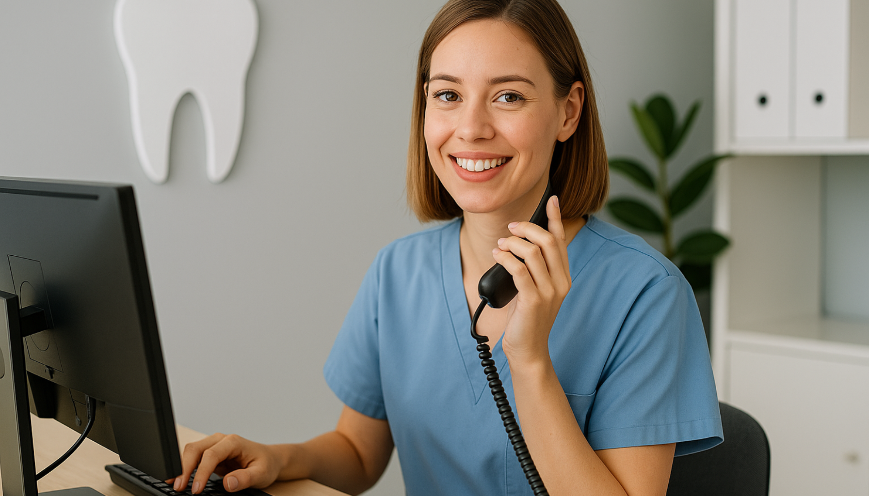 Tannhelsesekretær: Den usynlige helten bak hvert smil 10 Smilende tannhelsesekretær med headset sitter i resepsjonen og jobber ved tastatur i moderne tannklinikk.