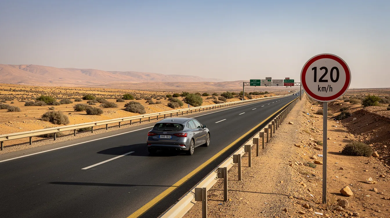 Una autopista marroquí se extiende en un paisaje semiárido, con señalización de velocidad visible y un coche de alquiler circulando. Este entorno refleja la experiencia de conducir en Marruecos, donde los viajeros pueden disfrutar de la libertad y la comodidad de explorar diversas ciudades.