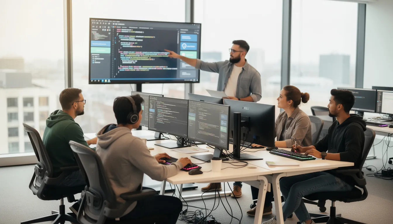 A diverse software development team collaborates around multiple computer screens in a modern office, discussing strategies for developing bespoke software solutions tailored to unique business processes. The atmosphere is dynamic, reflecting the team's commitment to creating custom software that meets specific business needs.